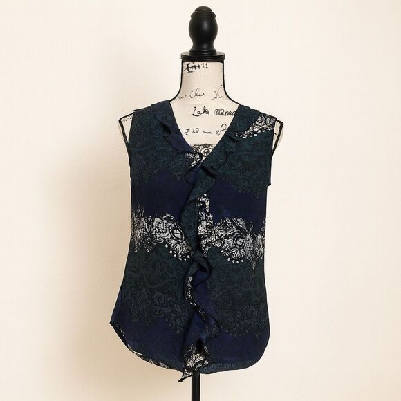 Larry Levine Blue Abstract Ruffle Sleeveless Blouse | Size S - Picture 1 of 4